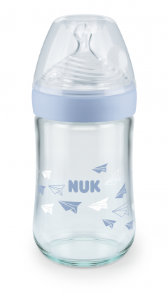 NUK NATURE SENSE стъклено шише 240мл със силиконов биберон M Синьо