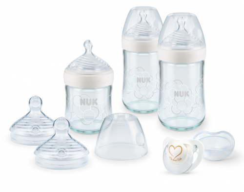 NUK - NATURE SENSE СЕТ стъклени шишета + бибeрон залъгалка силикон 0-6мес.