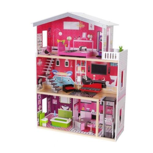 Moni Toys - Дървена къща за кукли с обзавеждане Isabella