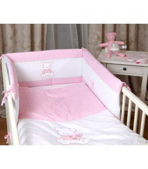 Спален комплект за бебешко легло в 4 части с декорация *Розови точки*