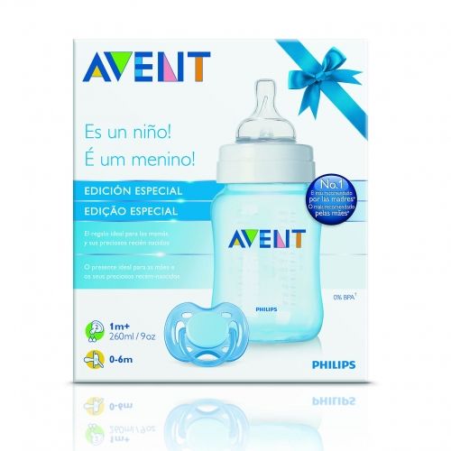 AVENT - Подаръчен комплект - Шише 260ml и залъгалка Sensitive 0-6m - за момче 