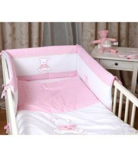 Спален комплект за бебешко легло в 4 части с декорация *Розови точки*